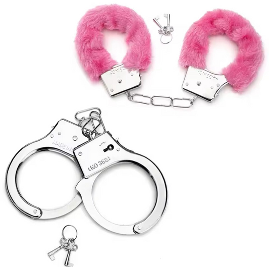 Two Piece HandCuffs  | Steel & Pink Fluff
