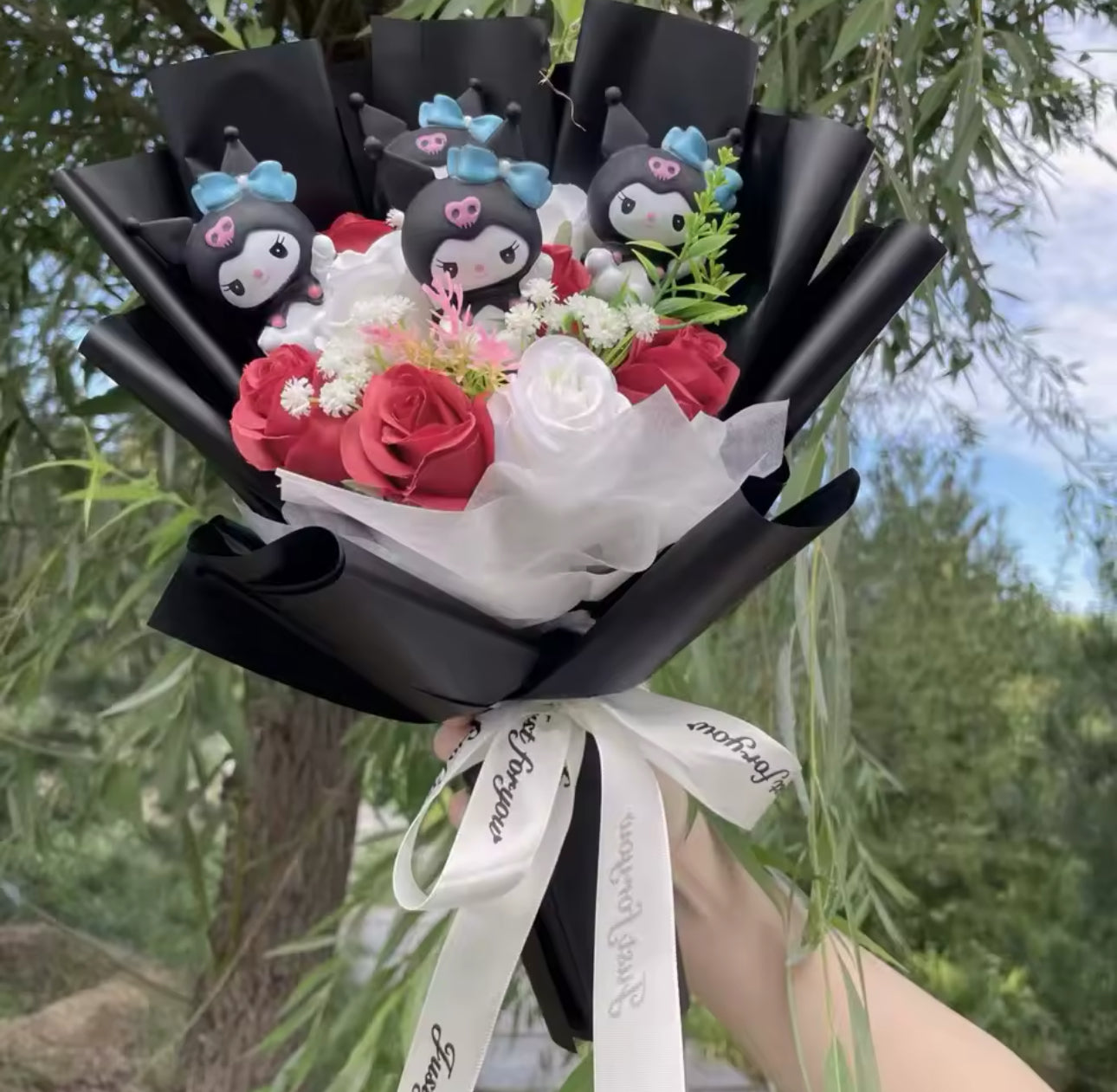 Kuromi Black Vail Flower Bouquet (White & Red Rose)