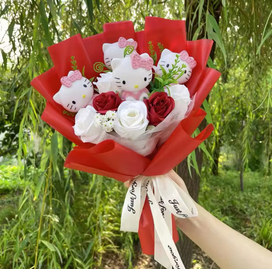 Hello KItty White Flower Red Vail  Flower Bouquet